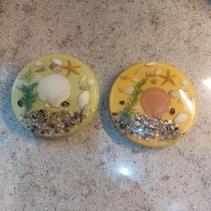 VTG Two Acrylic Lucite Resin Trivet Shells Abalone Beachy Unique Designs USA